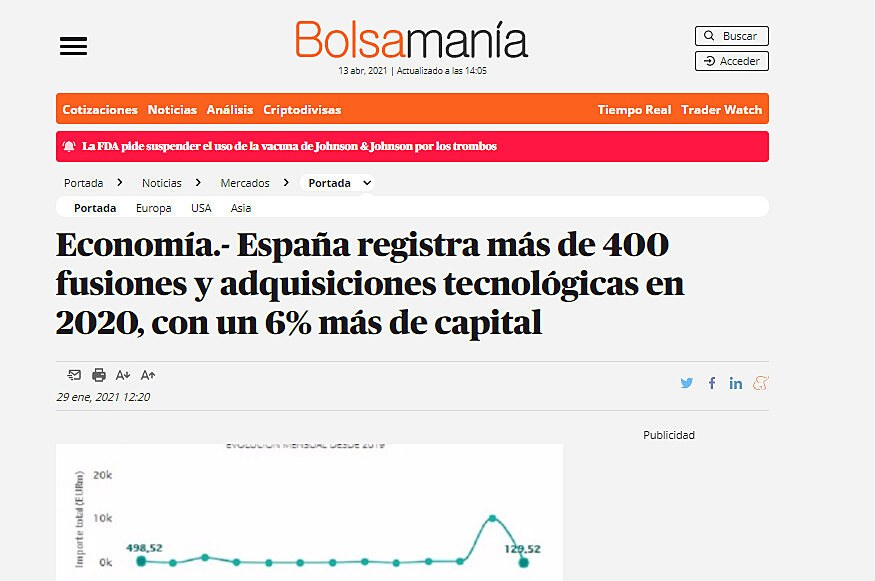 Espaa registra ms de 400 fusiones y adquisiciones tecnolgicas en 2020, con un 6% ms de capital